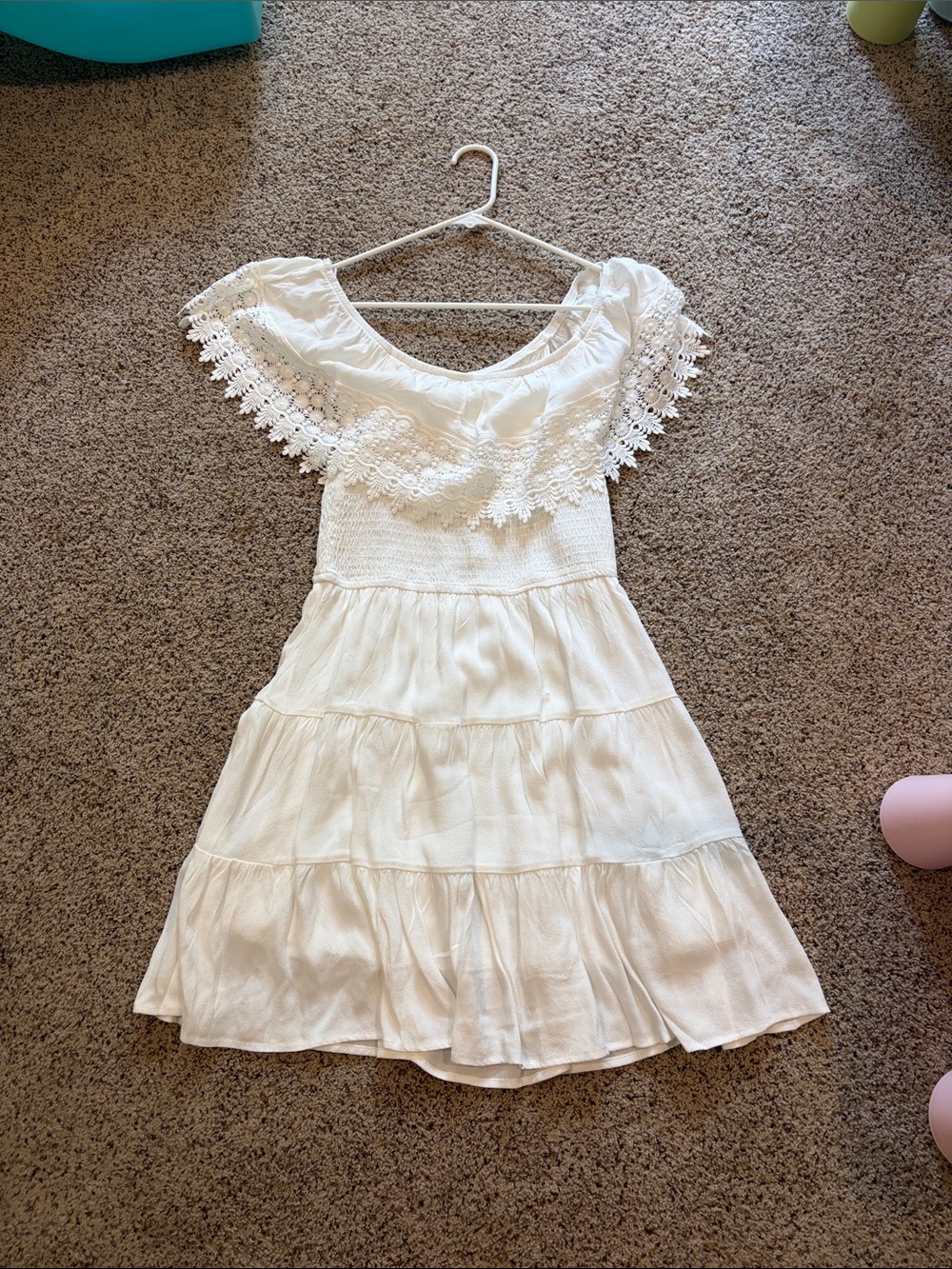 Girls White Lace-Trim Off-Shoulder Dress